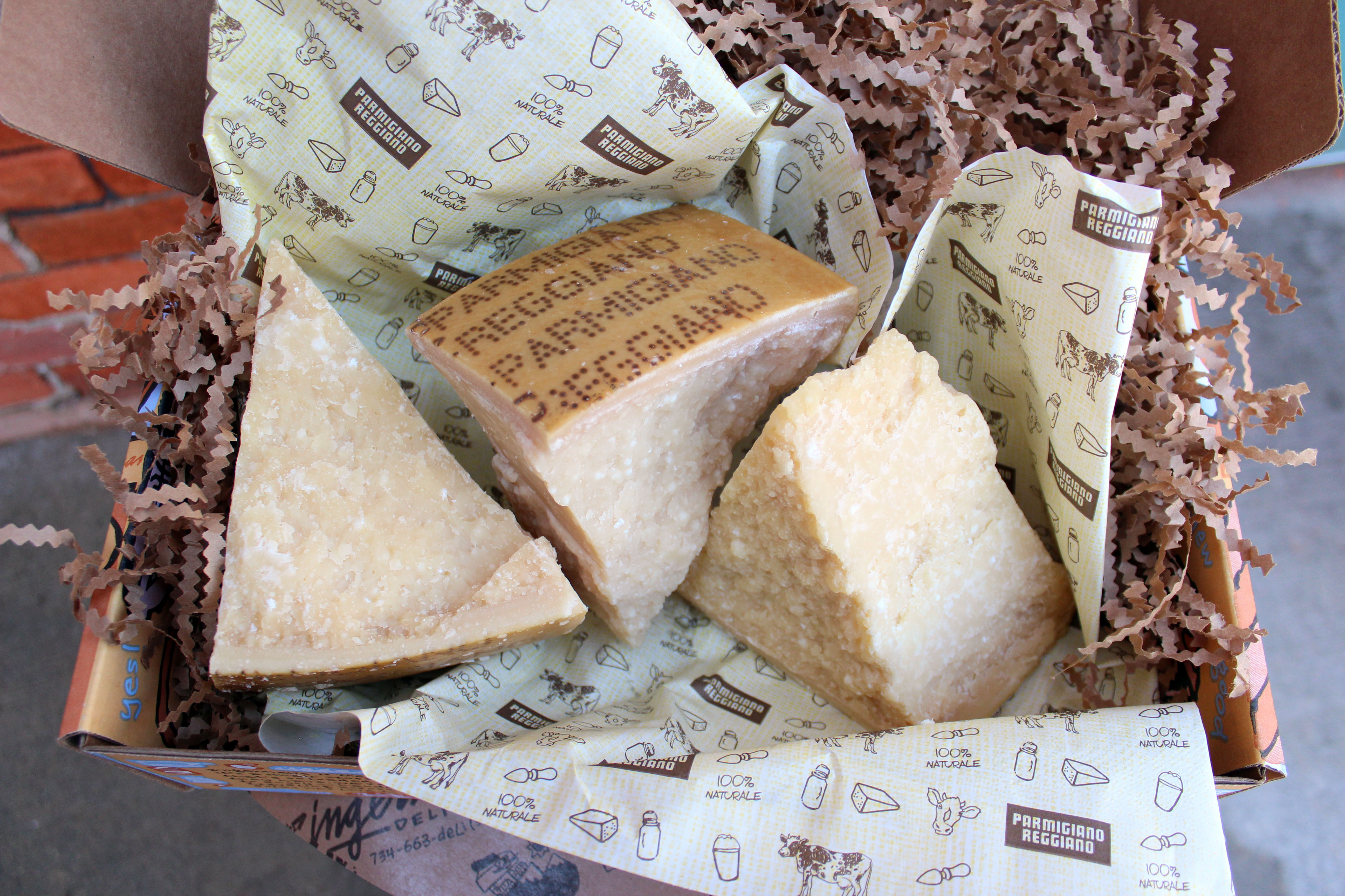 A sample box of 3 different kinds of Parmagiano Reggiano