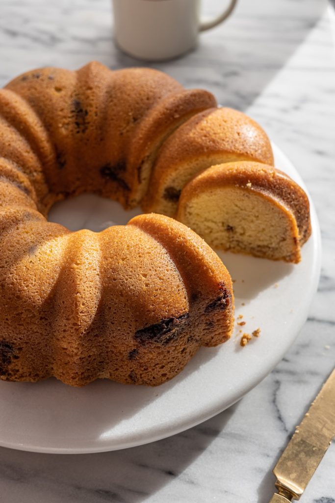 a Sour Cream Coffee Cake from Zingerman's Bakehouse with one slice missing