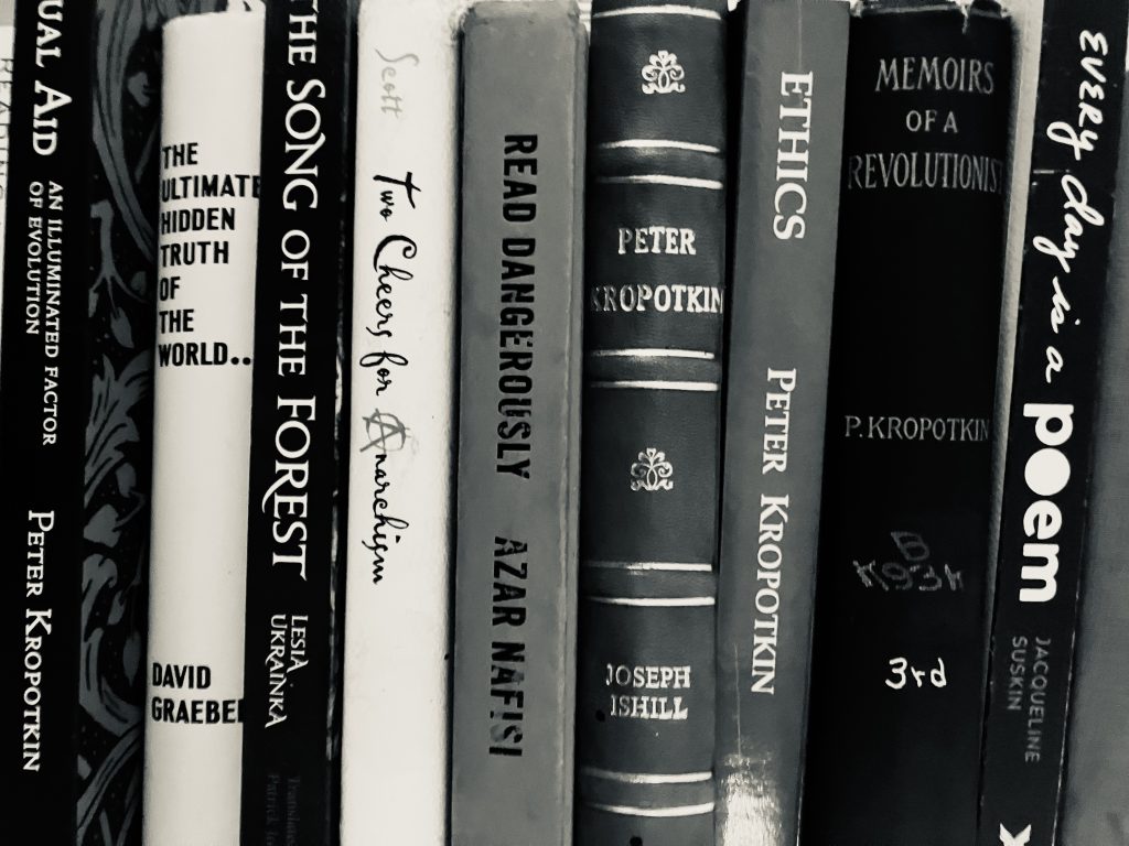 a black and white photo of the spines of books