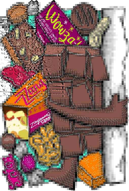 an illustration of a candy bar ripping through a wall