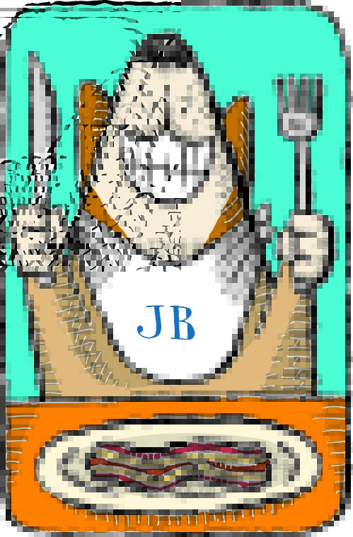 an illustration of a dog sitting at a table holding a fork and knife with bacon on a plate in front of it