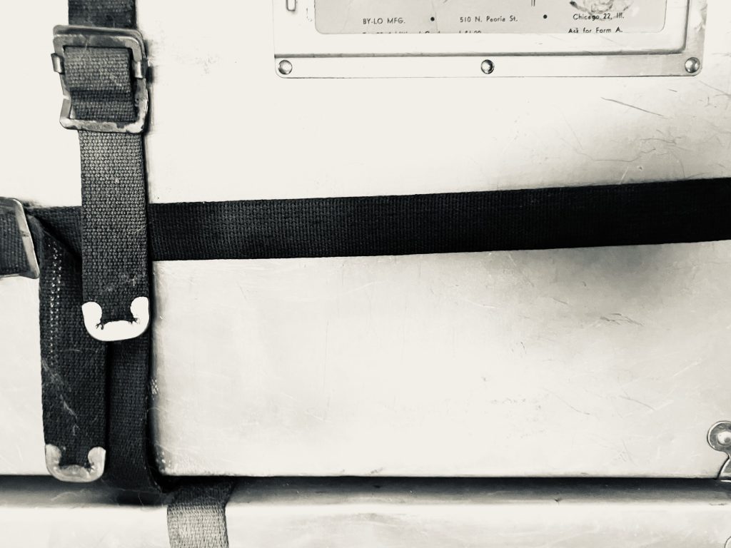 a black and white photo of a light-colored trunk secured with straps