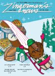 Illustrated cover of Zingerman's newsletter with baked good sliding down a snow covered winter scene.