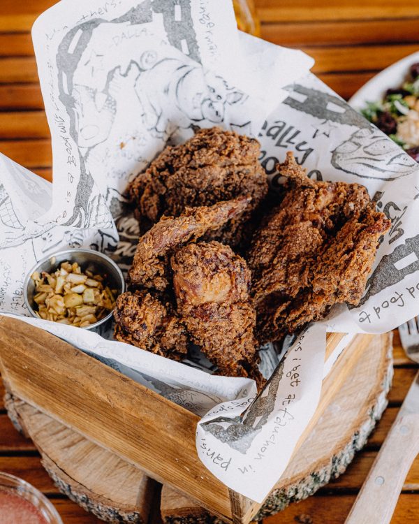 overhead view of a basket of fried chicken