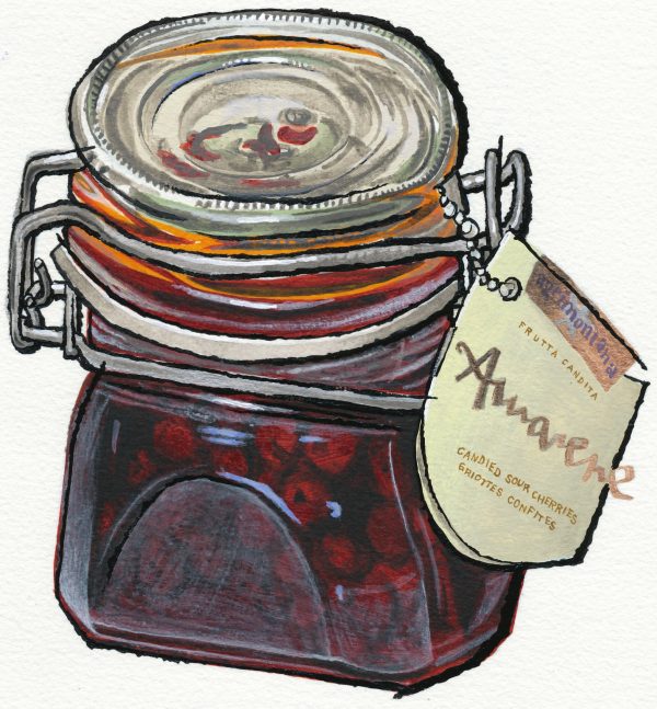 illustrated jar of wild cherries for a holiday recipe