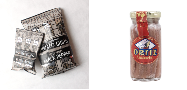 Side-by-side photos of Zingerman's Black Pepper potato chips and Ortiz anchovies