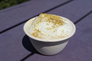 Picture of the Wild Fennel Pollen being enjoyed on the Lemon sorbet gelato.