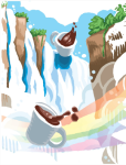 illustration of coffee being poured in white coffee cups with a rainbow background in a white waterfall