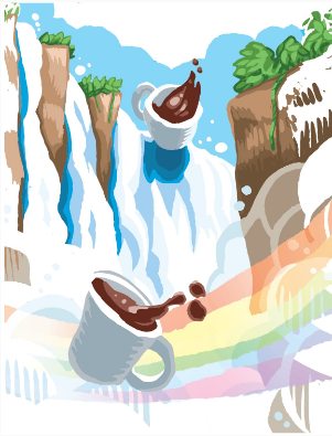 illustration of coffee being poured in white coffee cups with a rainbow background in a white waterfall 