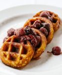 Heirloom Cornbread Waffles with Roasted Strawberry Compote.